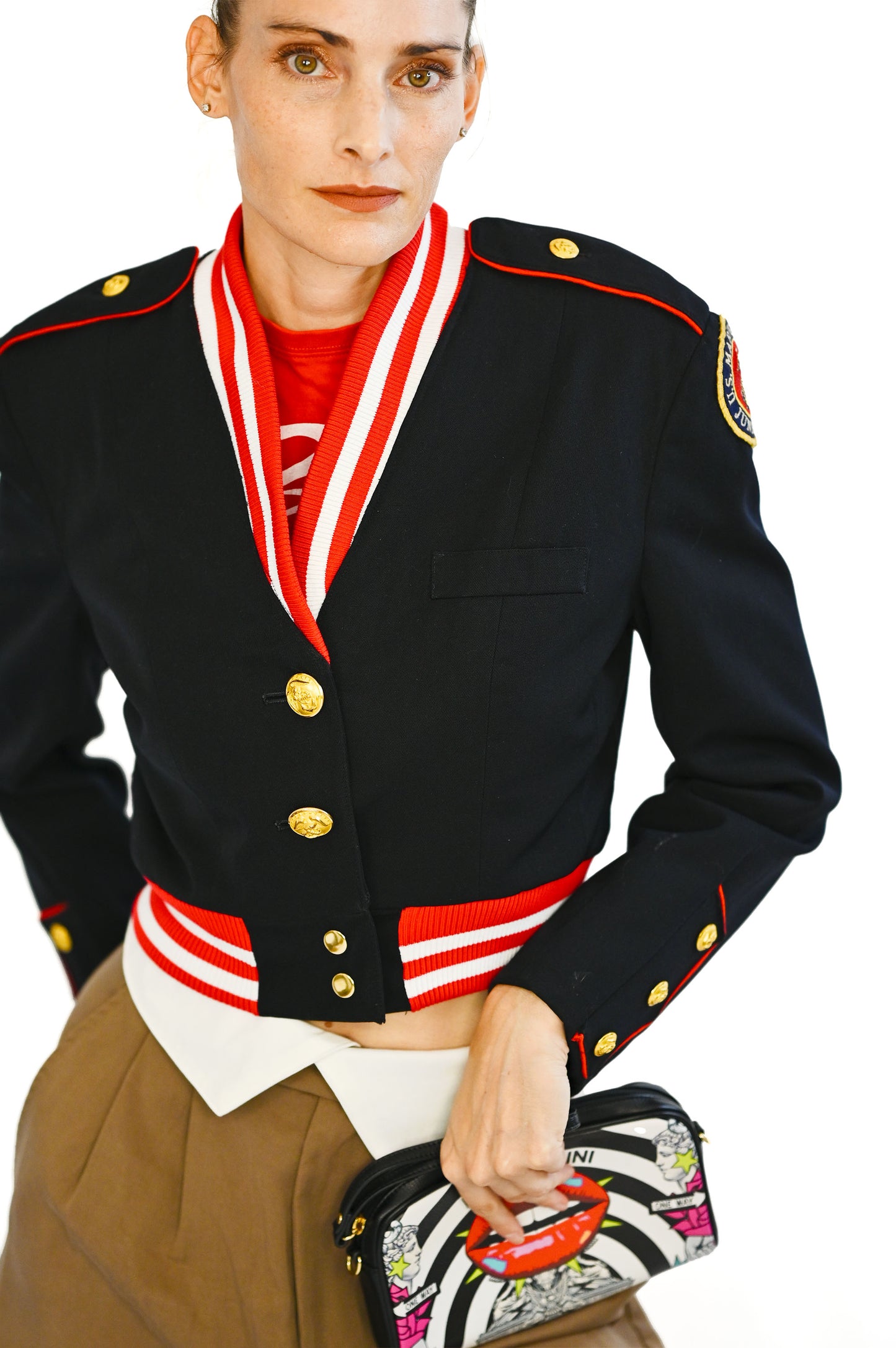 Military Black & Red Cropped Bomber Jacket
