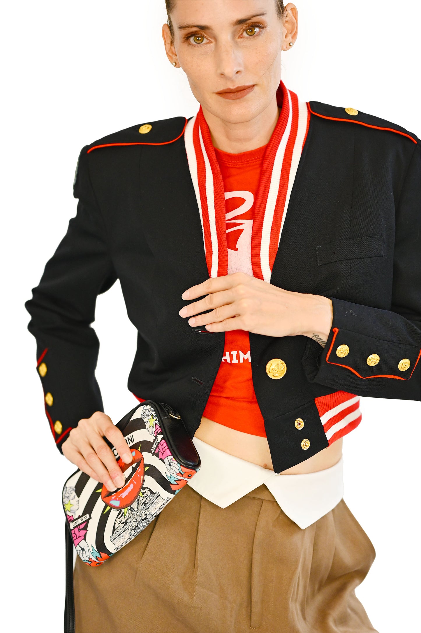 Military Black & Red Cropped Bomber Jacket