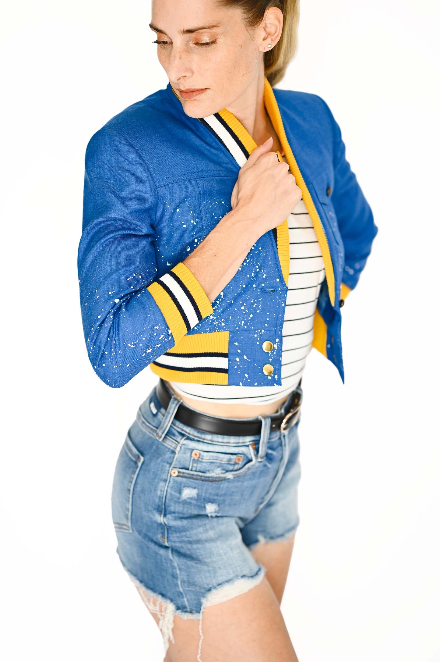 Blue & Yellow Cropped Bomber Jacket