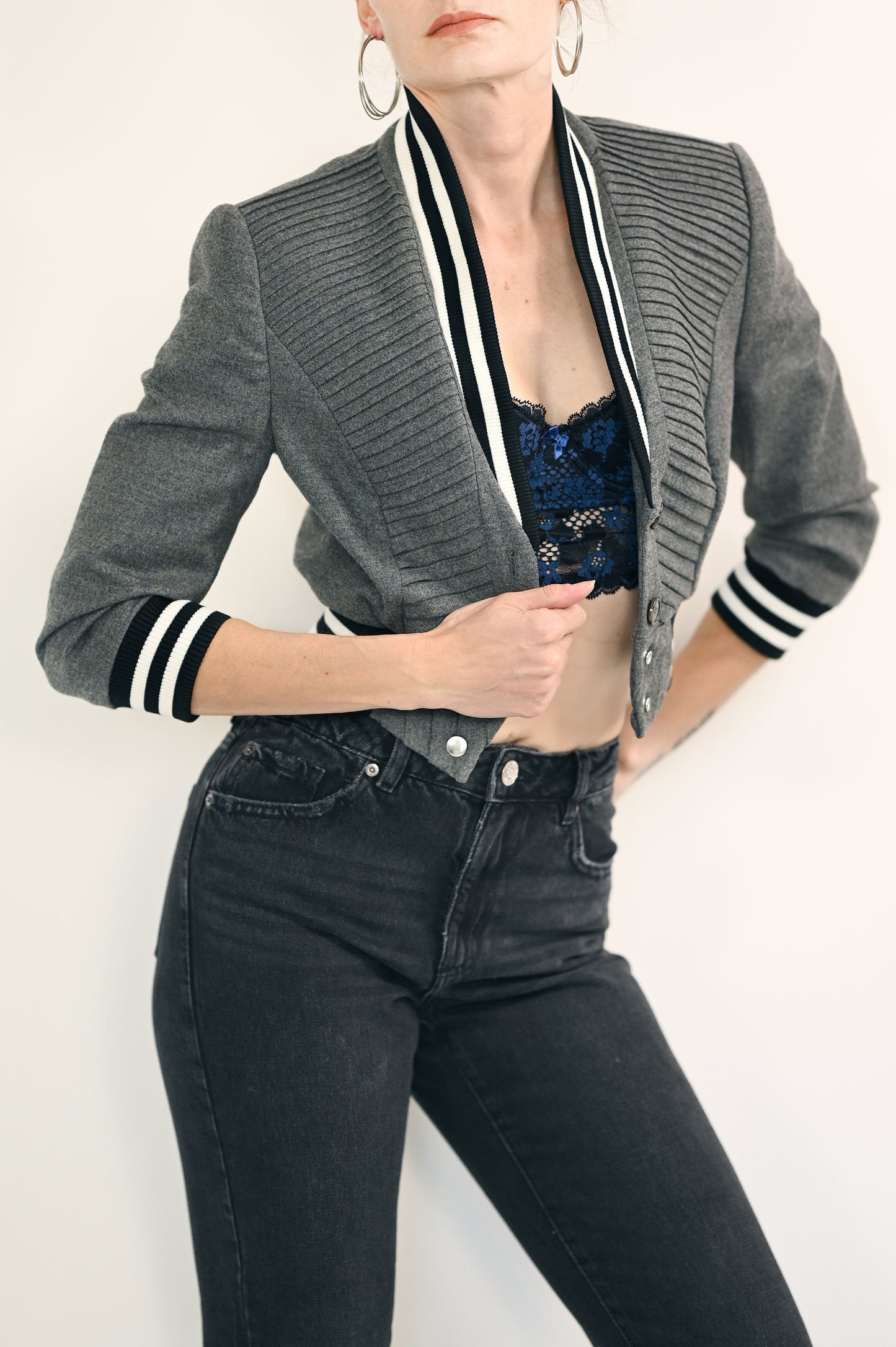 Escada Gray Cropped Bomber Jacket