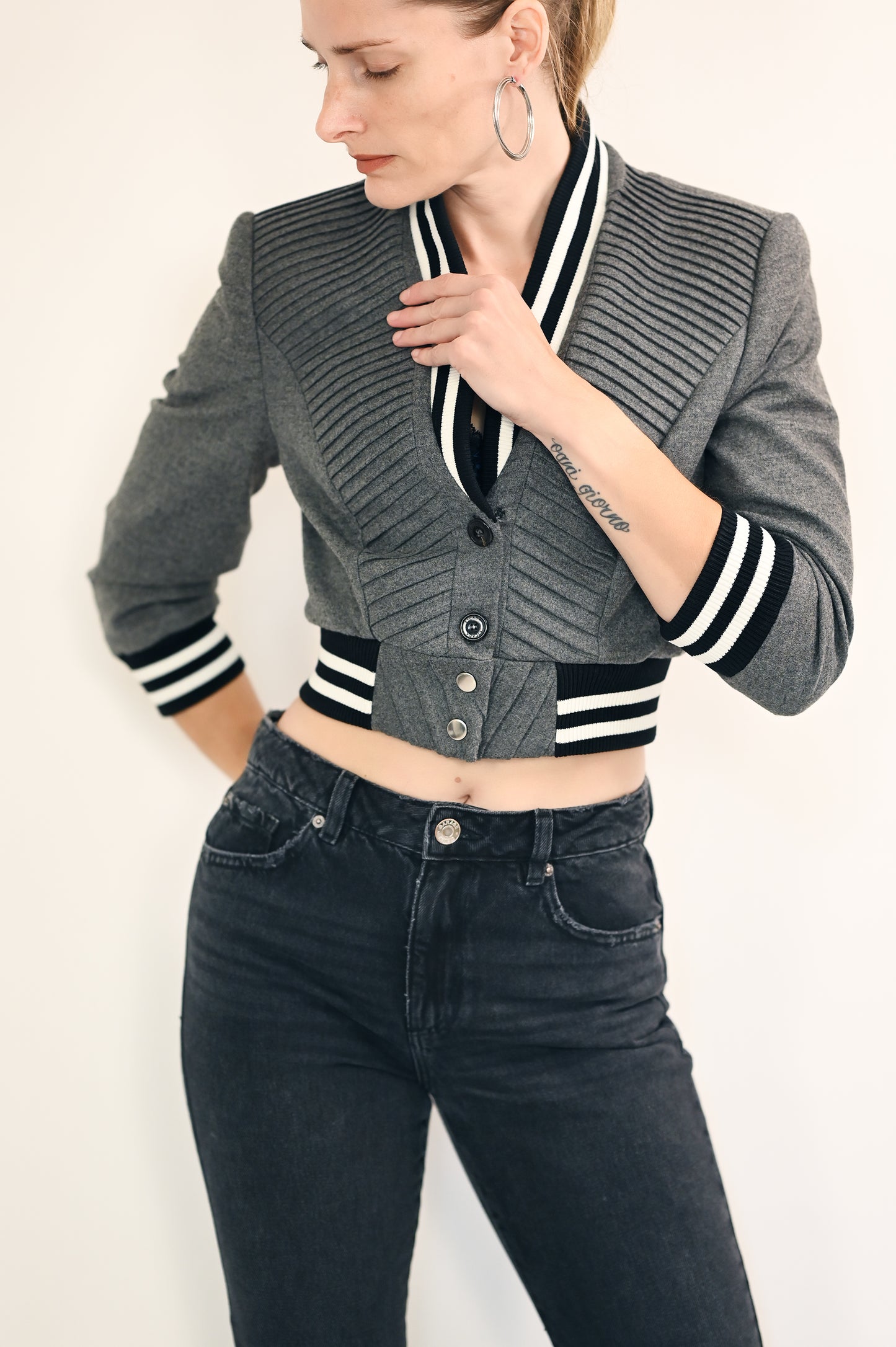 Escada Gray Cropped Bomber Jacket