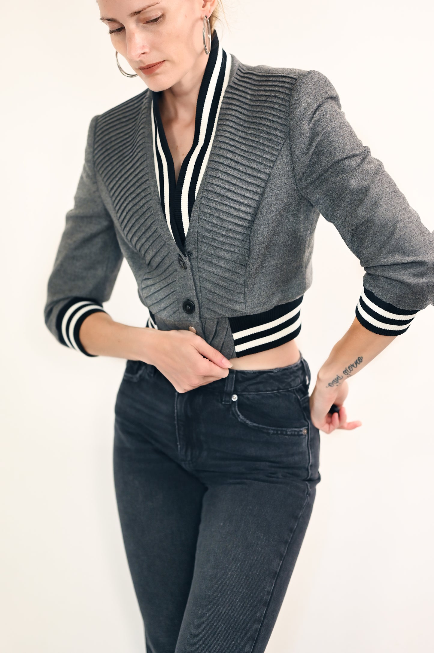 Escada Gray Cropped Bomber Jacket